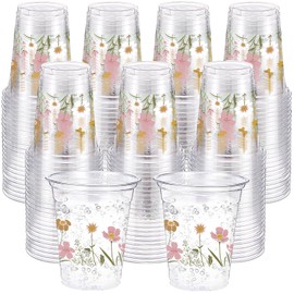 Jingmore 100 Pcs Boho Flower Plastic Cups 12 oz Spring Summer Floral Wildflowers Disposable Clear Plastic Drinking Cups for Floral Summer Spring Birthday Baby Shower Party Decorations Supplies