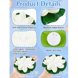 12 Luces Flotantes de Piscina Linternas de Loto Lámpara LED Realista Vela con Forma de Flor de Lirio de Agua que Funciona con Pilas Decoración Estanque, Luz Amarilla (Blanco, 3.94/5.91 Pulgadas)