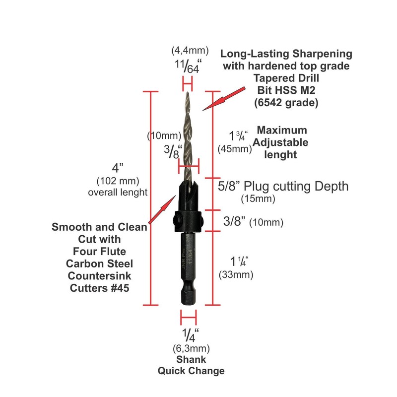 JNB Pro Countersink Drill Bit Set – 8 Tapered Countersink