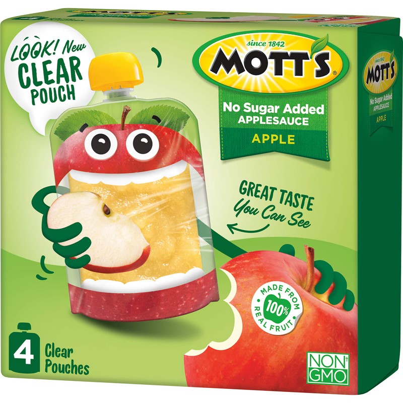 Mott's No Sugar Added Applesauce, 3.2 oz Clear Pouches, 4Count