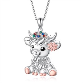Highland Cow Necklace 925 Sterling Silver Cute Animal Pendant Highland Cow Necklace with Colored Zircon Flower Christmas Birthday Graduation Anniversary Jewelry for Women Daughter Animal Lovers