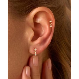 GUOKE Flat Back Earrings, 14K Gold Plated Dangle Helix Cartilage Earrings for Women Dainty Polaris Minimalist 20G 6mm Post Hypoallergenic Screwback Jewelry Gift, 2 Pcs