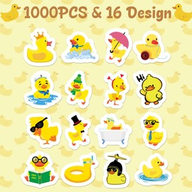 Haooryx 1000pcs Yellow Duck Sticker Rolls, 16 Designs Cute Yellow Rubber Ducks Sticker Decals, Cartoon Yellow Duck Self-Adhesive Sticker for Kids Birthday Party Supplies Waterbottle Scrapbook Decor