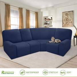 ROFASVCO 100% Waterproof Reclining Sectional Couch Covers Fleece Stretch 4-Piece L Shape Recliner Sofa Cover Washable Non Slip Corner Couch Cover Recliner Slipcovers Protector (4 Seat, Navy Blue)
