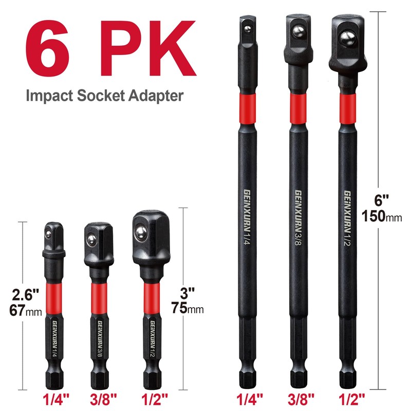 Geinxurn 6Pcs Impact Socket Adapter Set,1/4" 3/8" and 1/2" Drive,