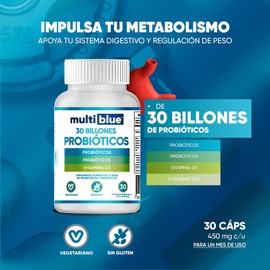 Probióticos & Prebióticos MultiBlue™ 30 Billones UFC | Fórmula Avanzada con Lactobacillus Plantarum, Acidophilus, Paracasei & Vitamina D3 | Cápsulas 100% Naturales | Sin Gluten | 1 Mes de Suministro