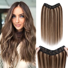 Benehair One Piece Clip in Hair Extensions Real Human Hair 3/4 Full Head V Shaped Weft Thicker Hair Lace Net One Piece Hair Extensions with 5 Clips (22"-75g #4P27 Medium Brown Mixed Dark Blonde)