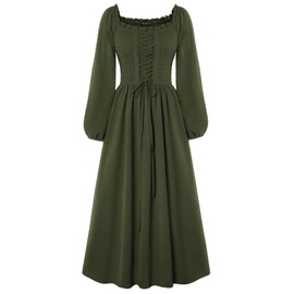 Scarlet Darkness Renaissance Costume Women Medieval Long Sleeve Smocked Bodice Cottagecore Peasant Dress Green XL