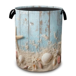 Large Laundry Basket,Beach Seashell Starfish Collapsible Laundry Baskets,Blue Wooden Waterproof Oxford Hamper with Handles for Bathroom Bedroom Nursery Home Storage 16"x20"