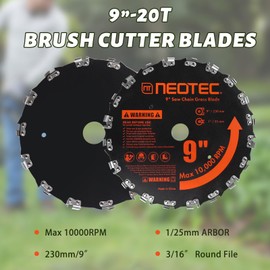 NEO-TEC Brush Cutter Blade 9” x 20T Circular Saw Blade with 1" Arbor for Trimming and Clearing Thick Weeds, Grass, and Small Trees