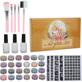 Kit de Purpurina de Tatuaje Temporal, 24 Colores Juego de Tatuajes Temporales, Cara Cuerpo Brillo Polvo Tatuaje Plantilla Cepillo Conjunto para Fiesta