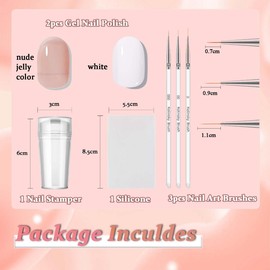Nude French Manicure Kit - 2PCS Gel Nail Polish - Jelly Nude White Color Nail Polish French Nail Tool Set - 3PCS Thin Nail Art Brushes and Nail Stamper Long Lasting UV Lamp Required