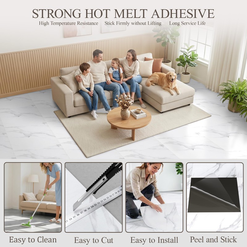 DEXDE Peel and Stick Floor Tile White Marble Waterproof 2FTx2FT