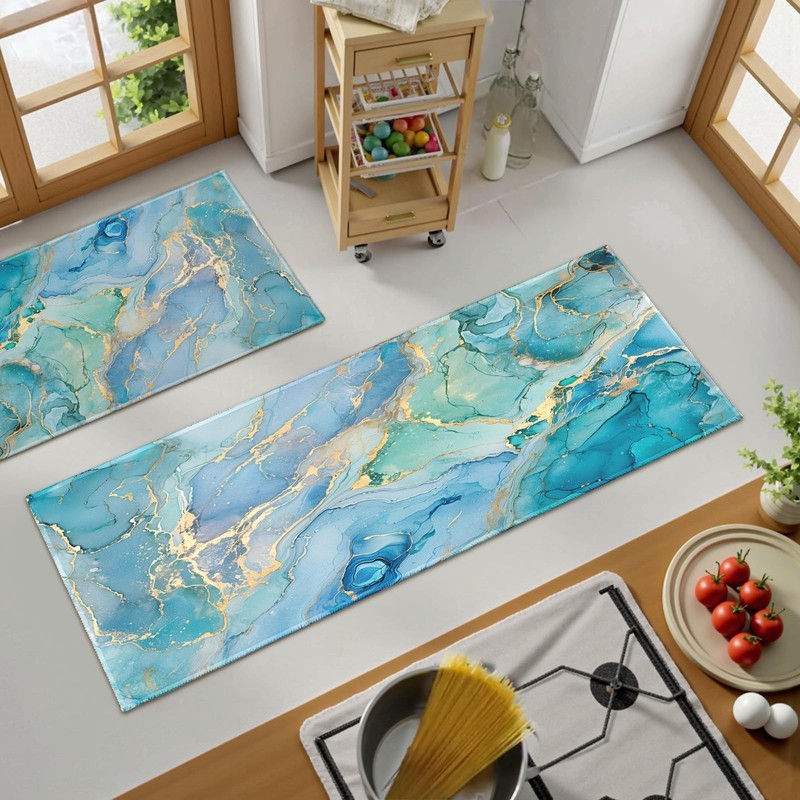 Teal Kitchen Rugs Sets of 2 Non Slip Blue Gold