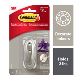 Command Traditional Decorative Hook, Medium, Brushed Nickel, 1 Hook 2 Medium Strips