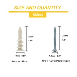 Self Drilling Drywall Anchors, 100PCS Nylon Plastic Wall Anchors and Screws for Drywall, No Pre Drill Hole Preparation Required (100)