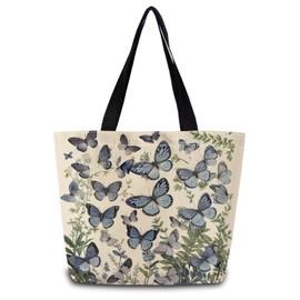 ZhuVantrix Blue Butterfly Tote Bag Reusable Grocery Bags Aesthetic Shopping Shoulder Handbag with Interior Zipper Pocket Stylish Blue Butterfly Present for Women