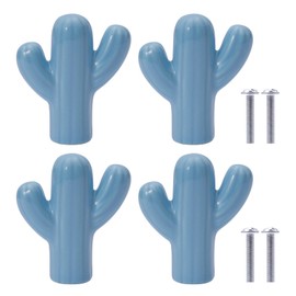 NAKUPENDA Set of 4 Ceramic Door Handles, Furniture Knobs, Cactus Shape, Ceramic Cabinet Drawer Knobs, Ceramic Handles for Children's Room, Kitchen, Cabinets, Bookshelf (Blue)