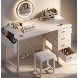 KAI-ROAD White Vanity Desk with Mirror and Light- Makeup Vanity Set Table with Chair, Storage, Lighted Mirror, 4 Large Fabric Drawers & Power Outlet, Dressing Table Vanities for Girls Bedroom