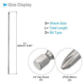 CoCud Phillips Cross Screwdriver Bits 6 mm PH2 250 mm Long 1/4 Inch Hex Shank S2 Magnetic Phillips Drill Bit - (Use: for Performance Impact Wrench) Pack of 1