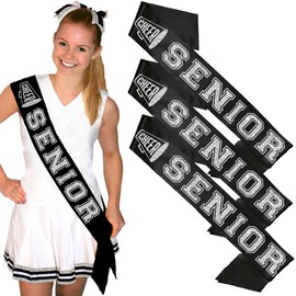 RhinestoneSash Senior Sashes Cheer - SET OF 3: Silver Sparkle CHEER Senior Black PREMIUM GRADE SATIN Sash - UNISEX Cheerleader Squad Senior Send Off Gifts - Bulk Black Sashes - Set3(ChrSnr) Slv/Blk