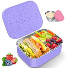 Small Stainless Steel Bento Lunch Box - Reusable Divided Metal Snack Bento Box 3-Compartment Food Meal Prep Storage Lunch Containers Leakproof with Dip Container,Dishwasher,Freezer Safe, BPA-Free