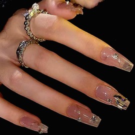 24 Pcs Rude Press on Nails Coffin Long Designs, Diamond Bling French Fake Nails with Nail Gel Glue, Cute Ballerina Stick on Nails for Women, Medium False Nails for Nails Art Gifts