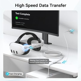 AMVR 16FT(5M) Charging Link Cable Compatible with Meta Quest 3/3S/Pico 4 - Data Line with Separate Fast Charging Port, High-Speed Max 5Mbps Transfer to PCVR/SteamVR, Play While Charger