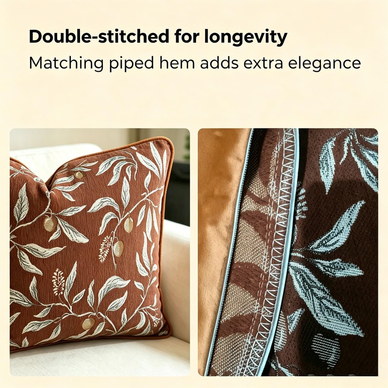 Terracotta Chenille Jacquard Botanical Fall Throw Pillow Covers 18x18 2