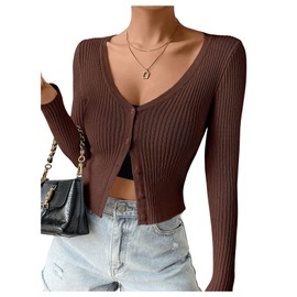 SHENHE Women's Ribbed Knit Button Down V Neck Lightweight Cropped Cardigan Sweater Coffe Brown S