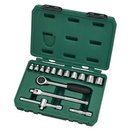 SATA 16-Piece 3/8-Inch Drive 6- Point Socket Set with 60 Tooth Round Head Ratchet, SAE - ST09085SJ