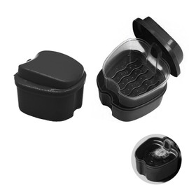 Rynvarl Denture Storage Box - 2 Pieces Interdental Storage Box with Filter for Interdental Cleaning Bathtub, Denture Box, Black (9.5 x 9.3 x 6.8 cm)