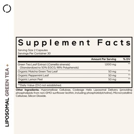 Codeage Liposomal Green Tea+ EGCG 50% Green Tea Extract, Organic Matcha Green Tea Powder, Peppermint Leaf, Lemon Peel, Liposomal Delivery - Vegan Pils Supplement - Non-GMO - 60 Capsules