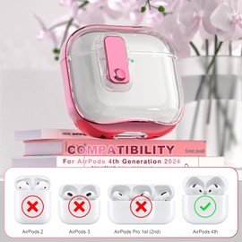 RFUNGUANGO (with Safety Lock) Transparent Protective case for Airpods 4th Generation, Soft TPU Transparent Airpods 4 Protective case - with Cleaning kit, Pink Lanyard, Rose Gold