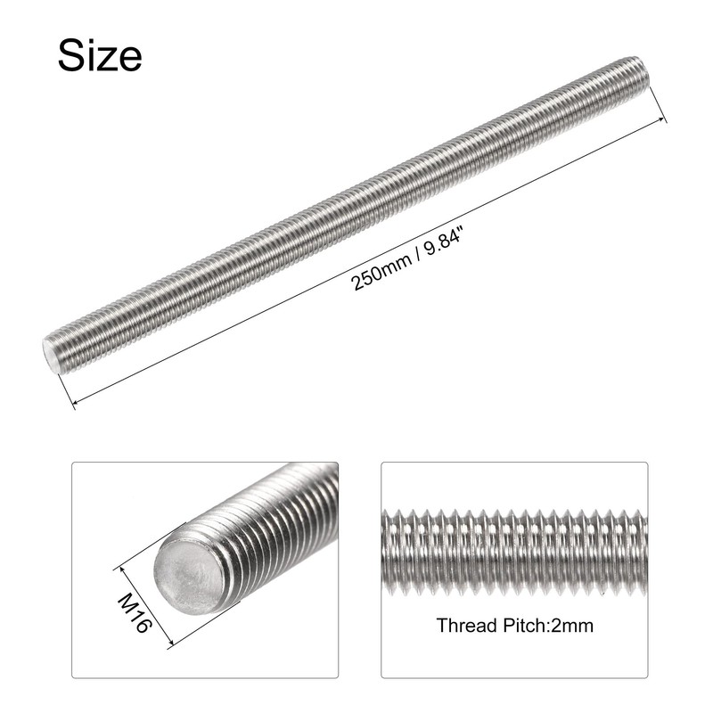 sourcing map Fully Threaded Rod M16 x 250 mm 304