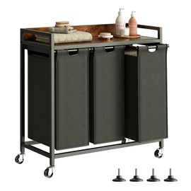 Herture Laundry Hamper with Shelf, Laundry Basket 3 Section, Laundry Sorter with Pull-Out Removable Large Bags and Movable Wheels, Metal Frame, 3 x 15.87 Gallons (60L), Rustic Brown + Blck PF04XLY