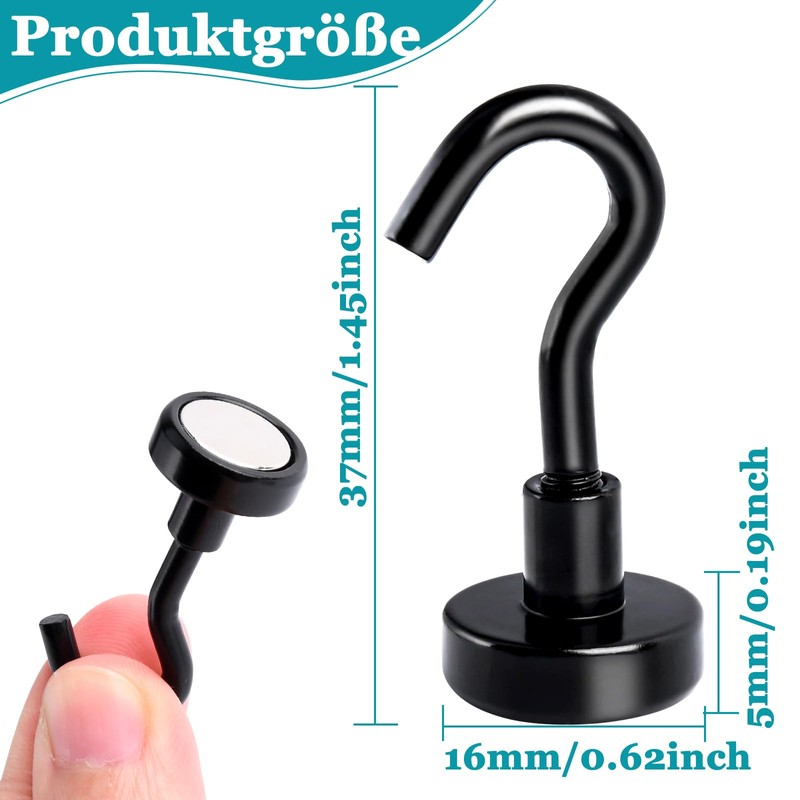 MIN CI 14pcs Black Magnetic Hooks Heavy Duty 22lbs, Neodymium