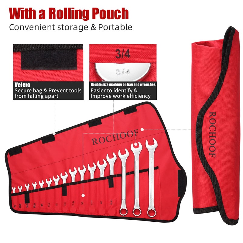 ROCHOOF Combination Wrench Set,16-Piece SAE Wrench Set 12-Point Chrome Vanadium