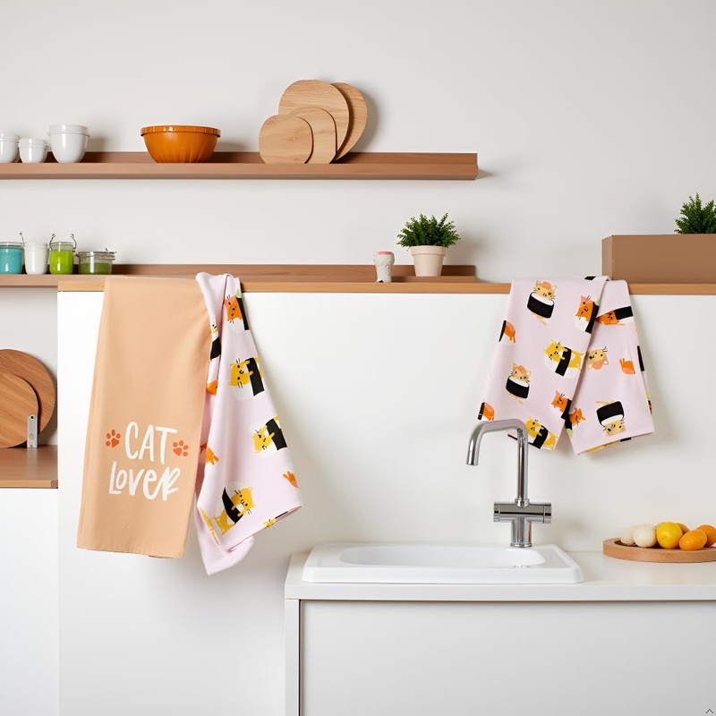 Pearhead Cat Lover Tea Towels Set of 2, Cotton Kitchen