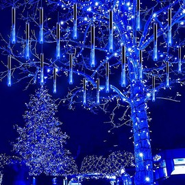 Christmas Lights Outdoor UL Certified Meteor Shower Lights 16Inch 8Tubes 192LED Falling Rain Drop Lights Icicle Snow Cascading Xmas Lights for Tree Wedding Party Garden Decoration - Color: Dusty Blue