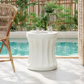 Christopher Knight Home Earleant Outdoor Side Table, Lightweight Concrete Garden Stool with Round top and Cinched Waist, Decorative Accent Table Patio End Table for Balcony Beach Pool, Antique White