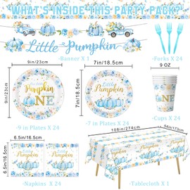 Little Pumpkin First Birthday Decorations - Little Pumpkin is Turning One Decorations Set Includes Plates, Napkins, Cups, Forks, Tablecloth, Banner fo Boy Pumpkin Birthday Decorations, Serves 24