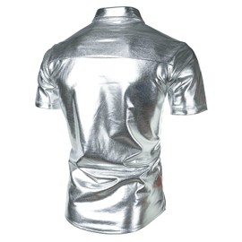 JOGAL Men's 70s Disco Shiny Metallic Gold Silver Short Sleeve Button Down Shirts Large Silver