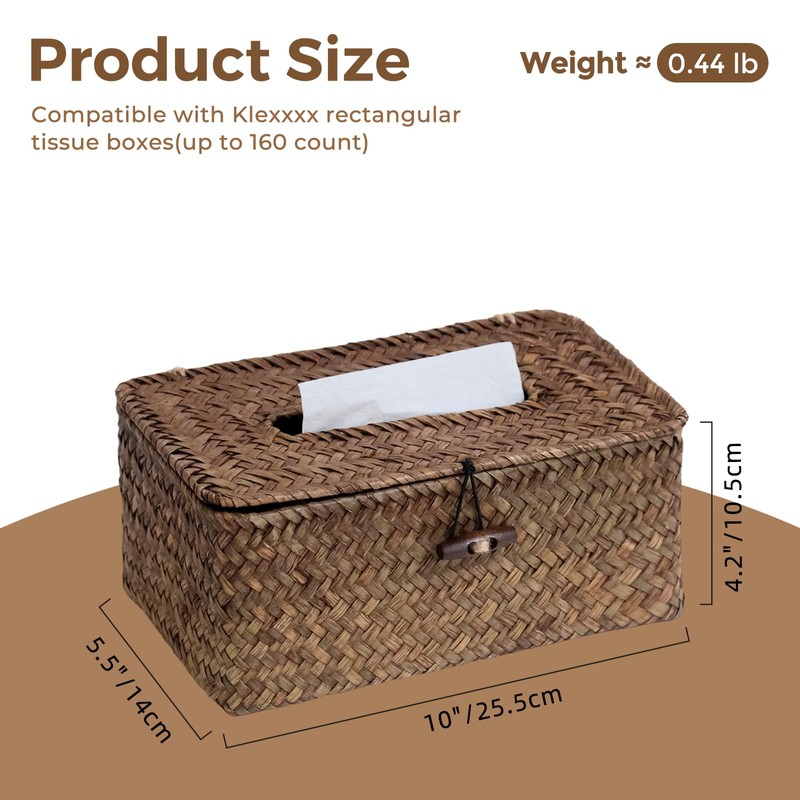 Rectangle Wicker Tissue Box Cover, Natural Seagrass Tissue Box Holder