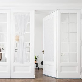 PONY DANCE Net Curtain Door Curtain Semi-Transparent French Door Curtain Linen Look Curtains Set of 2 H 240 x W 60 cm Balcony Door Curtain White Semi-Transparent White Curtains with Rod Pull