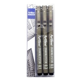 Artline 0.1mm/ 0.3mm / 0.5mm Drawing System - Black (Wallet of 3)