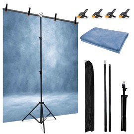 6.5 x 5ft T-Shaped Backdrop Stand with Abstract Light Blue 6.5 x 5ft Professional Photography Backdrop,Adjustable Backdrop Stand Kit with 4 Spring Clamps,Portable Handbag (2 in 1)
