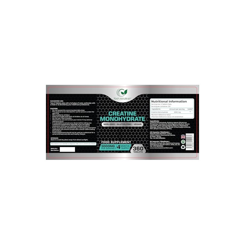 Creatine Monohydrate Tablets 3000mg – 360 Creatine Tabs, Gym Energy