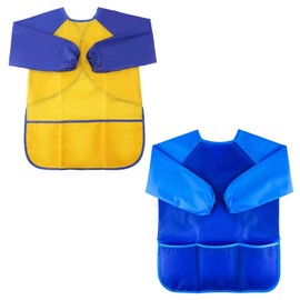 Zkptops 2 Pack Kids Art Smock Colorful Waterproof Children Art Aprons Artist Painting Aprons with Long Sleeve 3 Roomy Pockets for Age 3-7 Years,Yellow and Blue