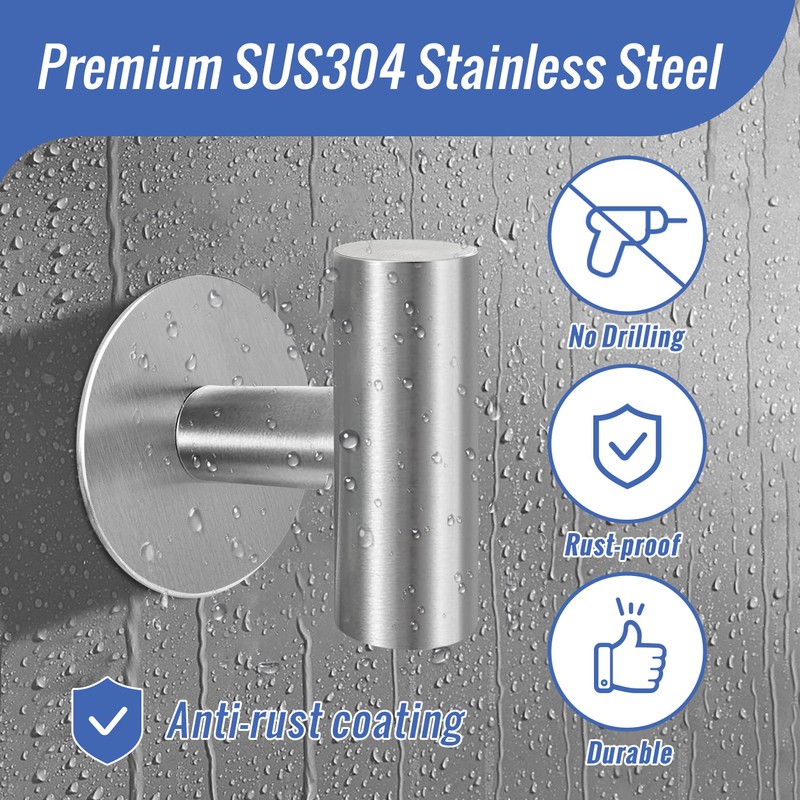 Augegel Adhesive Towel Hooks, Brushed Nickel SUS 304 Stainless Steel